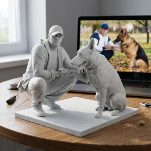 Pet and Owner 3D Portrait Sculpture UAE - Marble Finish handcrafted by Artiqra for customers across the UAE. Pet and Owner 3D Portrait Sculpture UAE - Marble Finish gallery image for pet and owner 3D portrait UAE by Artiqra UAE