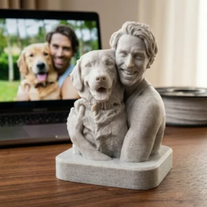 Pet and Owner 3D Portrait Sculpture UAE - Marble Finish handcrafted by Artiqra for customers across the UAE. Pet and Owner 3D Portrait Sculpture UAE - Marble Finish gallery image for pet and owner 3D portrait UAE by Artiqra UAE