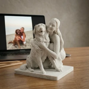 Pet and Owner 3D Portrait Sculpture UAE - Marble Finish handcrafted by Artiqra for customers across the UAE. Pet and Owner 3D Portrait Sculpture UAE - Marble Finish gallery image for pet and owner 3D portrait UAE by Artiqra UAE