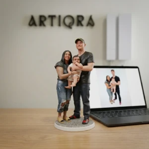 Our Work 20 Custom family portrait sculpture handcrafted from photo by ARTIQRA UAE, realistic 3D miniature family figurine with baby, personalized family gift and keepsake