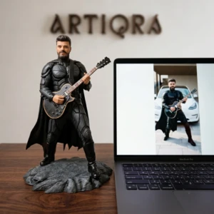Our Work 11 Custom superhero-style 3D sculpture of a man in black armour playing an electric guitar, handcrafted by Artiqra.