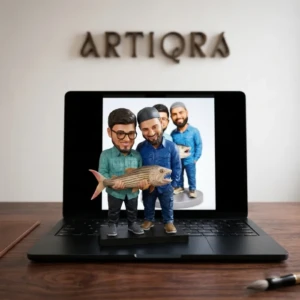 Our Work 4 Personalized 3D custom fisherman couple bobblehead figurine holding a fish on a laptop display by Artiqra UAE custom gifts