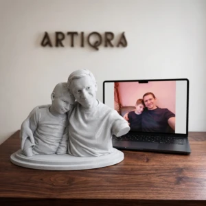 Our Work 46 Personalized father and son portrait bust with a white marble finish, sculpted from a family photograph by Artiqra.