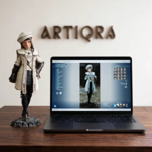 Our Work 41 Custom 3D figurine of a female fantasy game character wearing a detailed white and black costume, created by Artiqra.