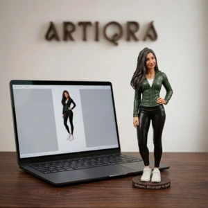 Our Work 10 Realistic custom full-body sculpture of a woman wearing a green jacket and black trousers, handcrafted by Artiqra.
