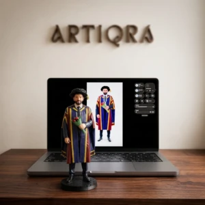 Our Work 29 Custom graduation portrait sculpture of a man wearing a colourful academic gown and holding a flower bouquet, made by Artiqra.