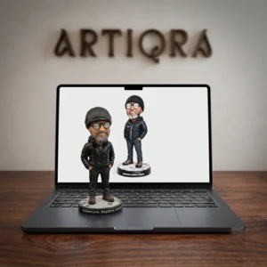 Our Work 20 Custom 3D male adventurer figurine in winter jacket and beanie on snowy base with text "Adventure. Explore. Repeat." by Artiqra UAE.