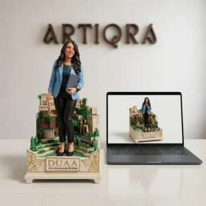 Our Work 5 Custom 3D portrait sculpture of a community builder named Duaa with a detailed architectural landscape, created by Artiqra.