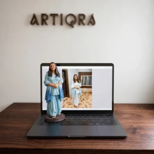Our Work 16 Hand-painted custom 3D female portrait figurine in blue traditional ethnic attire on laptop background by Artiqra UAE.